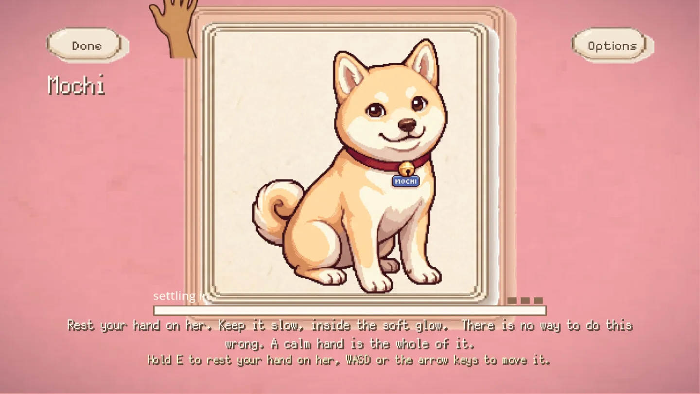 A close-up framed portrait of Mochi, a cream shiba inu wearing a red collar and a name tag, on a soft pink background, with the caption: rest your hand on her, keep it slow.
