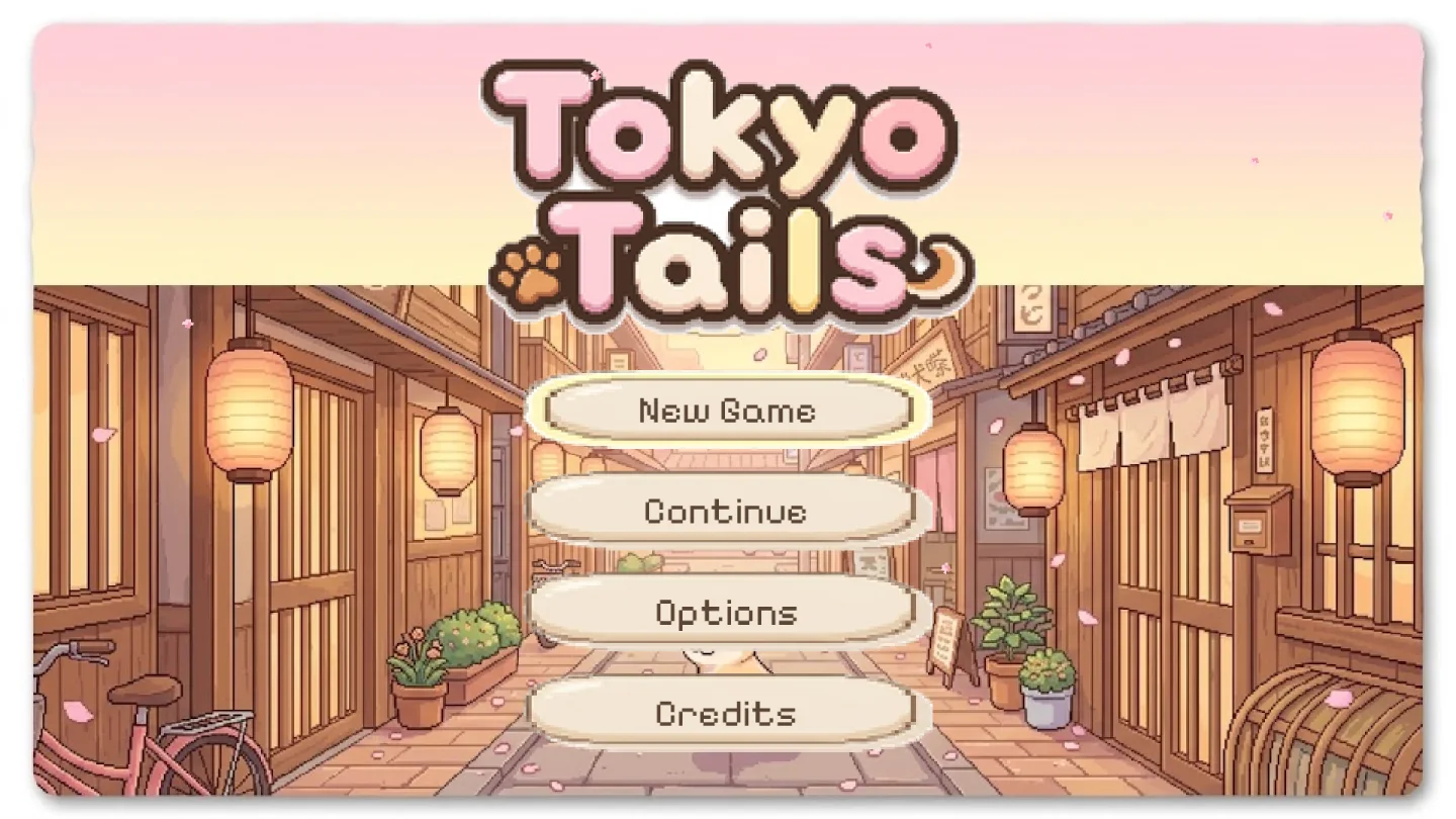 The Tokyo Tails title screen: a lantern-lit wooden alley at golden hour, cherry petals falling, with New Game, Continue, Options and Credits on soft cream buttons.
