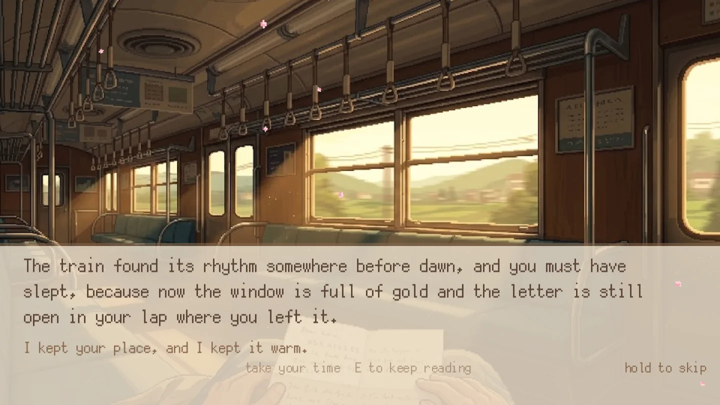 Inside a sunlit commuter train at dawn, hands holding an open letter, with the story text: the train found its rhythm somewhere before dawn, and you must have slept.