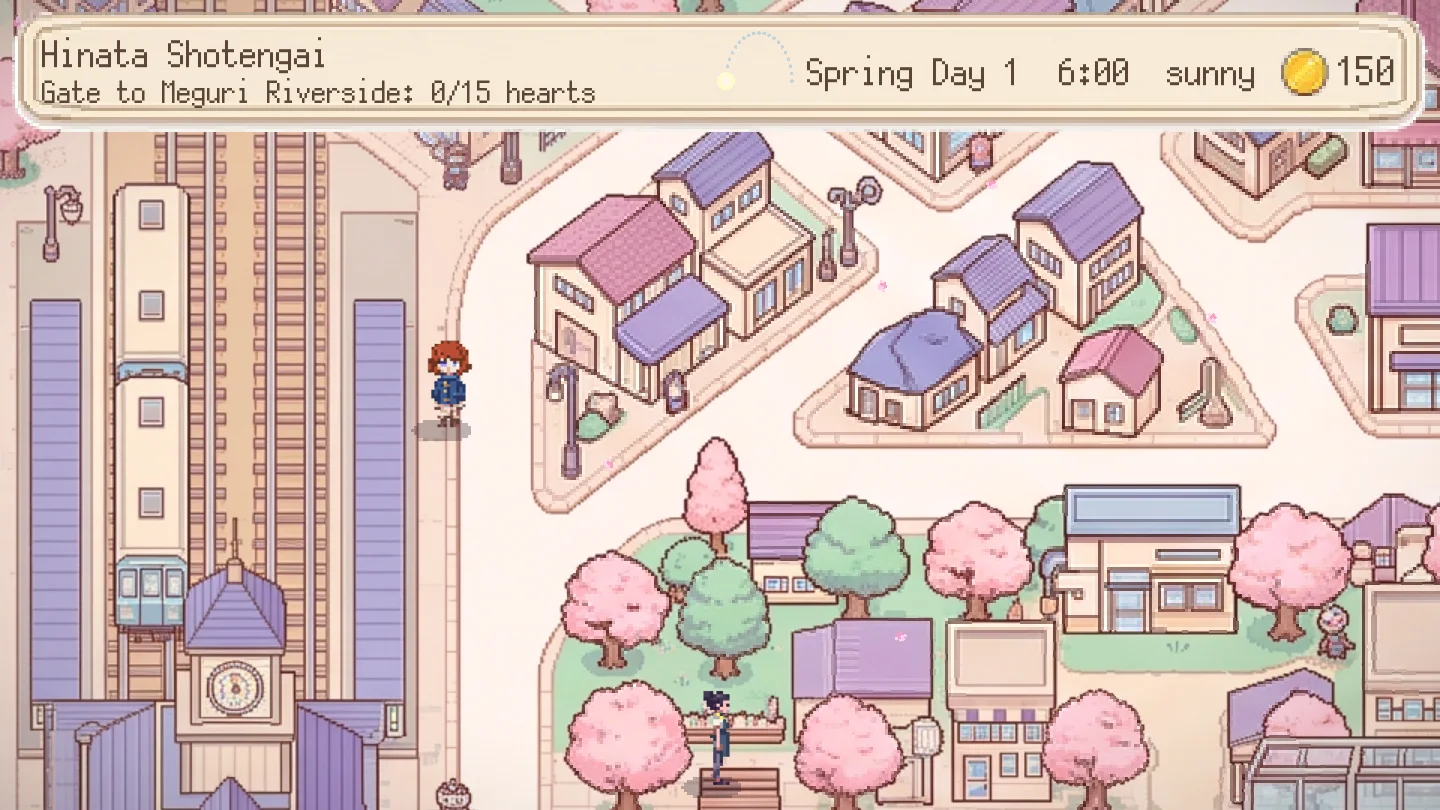 Top-down pixel view of Hinata Shotengai: pastel houses, cherry trees in bloom, a station and a train, with the heads-up display reading Spring Day 1, 6:00, sunny.